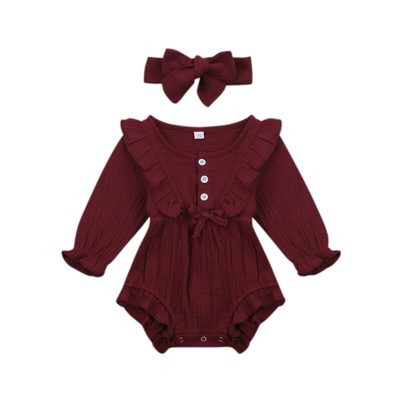 2020 Fall Baby Girls Solid Color Long Sleeve O-neck Button-up Romper with Ruffle + Bow-knot Headband For 0-24M Toddler Girl
