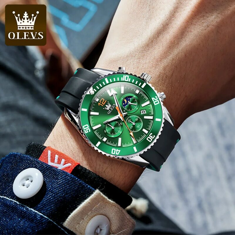 OLEVS-Reloj de pulsera deportivo para hombre, cronógrafo de cuarzo con correa de silicona negra, luminoso, resistente al agua hasta 30M