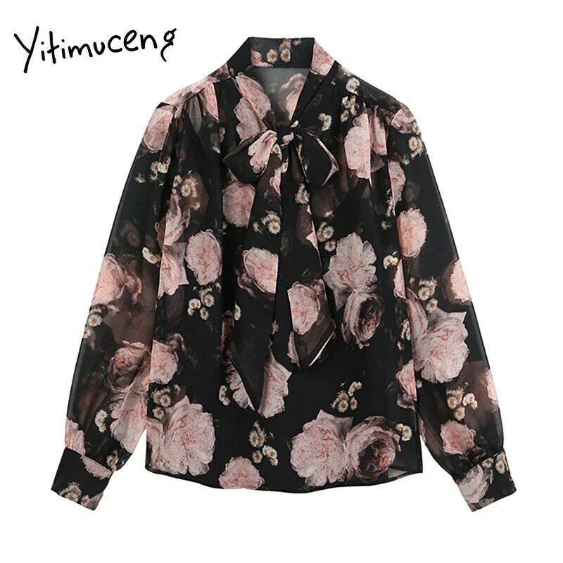 Yitimuceng-Blusa holgada de manga larga con cuello en V para oficina, camisa con lazo para mujer, color negro, Estilo Vintage, a la moda, primavera 2021