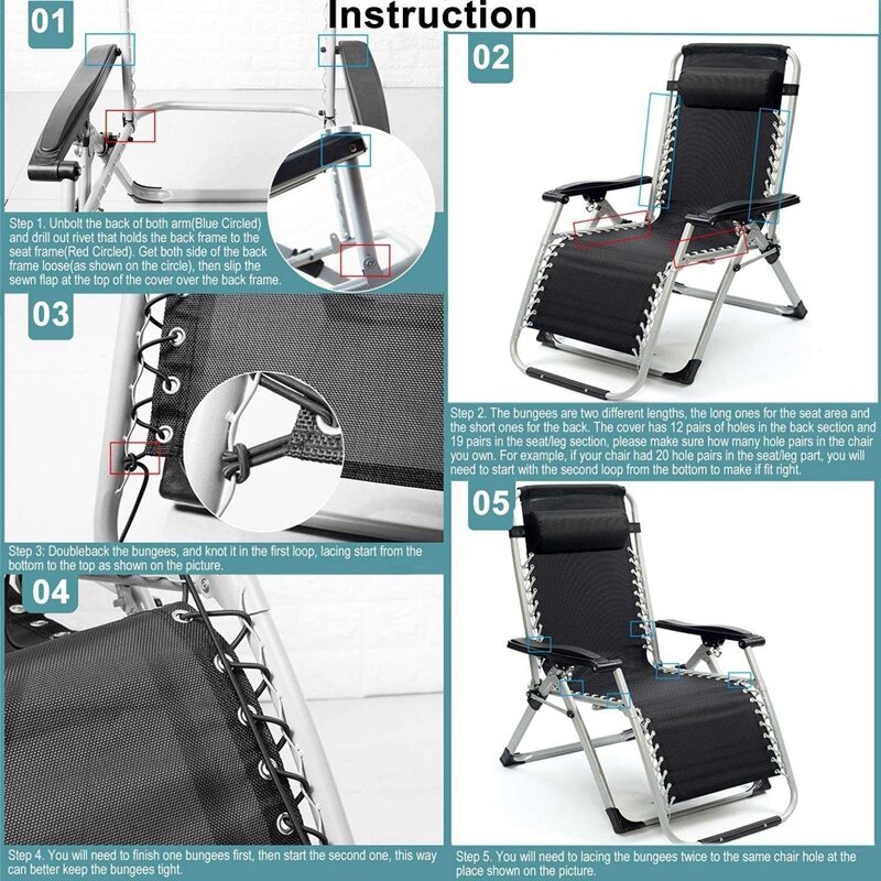 Сменный тканевый складной стул с нулевой гравитацией, сетчатые детали для наружного кемпинга, патио, газона, двора, бассейна, 63x17 дюймов