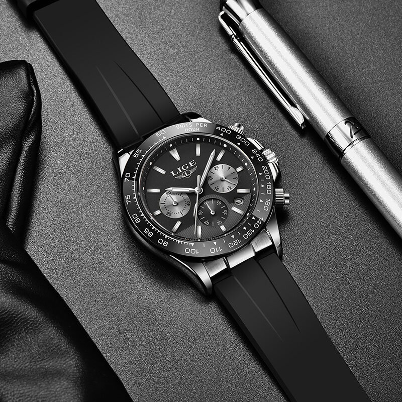 LIGE-럭셔리 브랜드 남성 캐주얼 쿼츠 크로노그래프 시계, 큰 다이얼 손목 시계 실리콘 밴드 스포츠 방수 시계