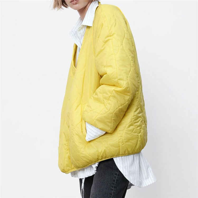 2021 novo estilo venda quente feminino com decote em v de manga comprida bolso amarelo acolchoado suéter, inverno casaco de cardigan quente, acolchoado