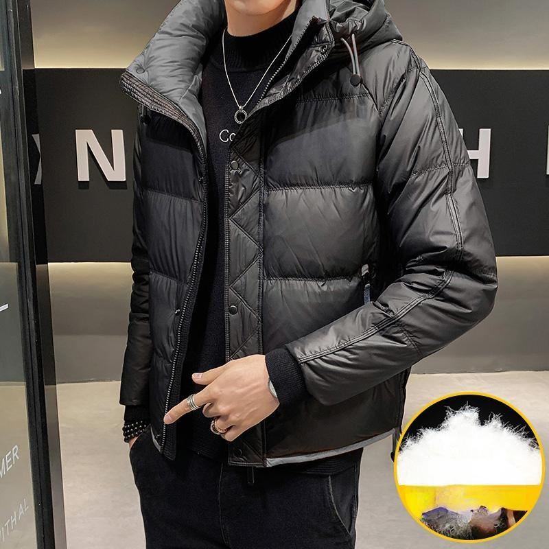 2021 겨울 남자의 새로운 패션 짧은 두꺼운 따뜻한 Overcoats 남성 화이트 오리 후드 코트 남자 긴 소매 슬림 재킷 W831