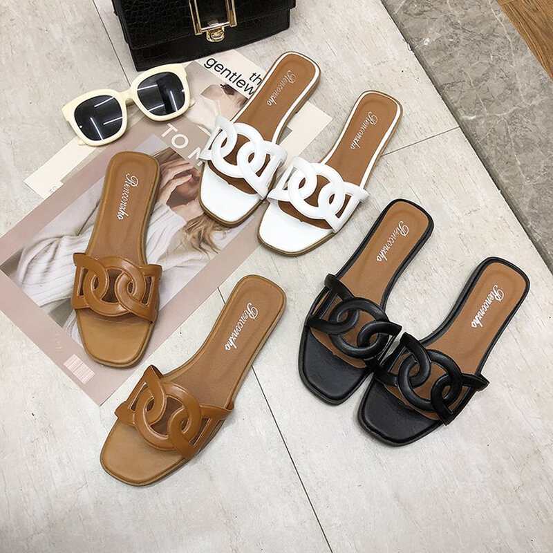 2020 New Style H Sandals Roe Drag A- line WOMEN'S Summer Diamond Shuanghuan Genuine Leather Hollow Pearl Decoration Slides
