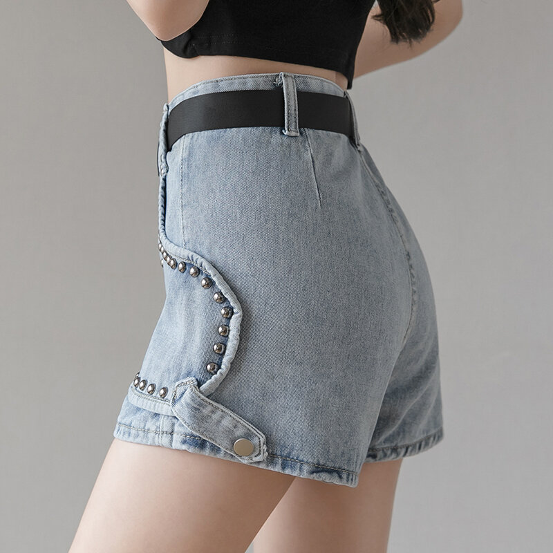 Fashionable new heavy industry beaded high waist loose loose slim wide leg denim shorts