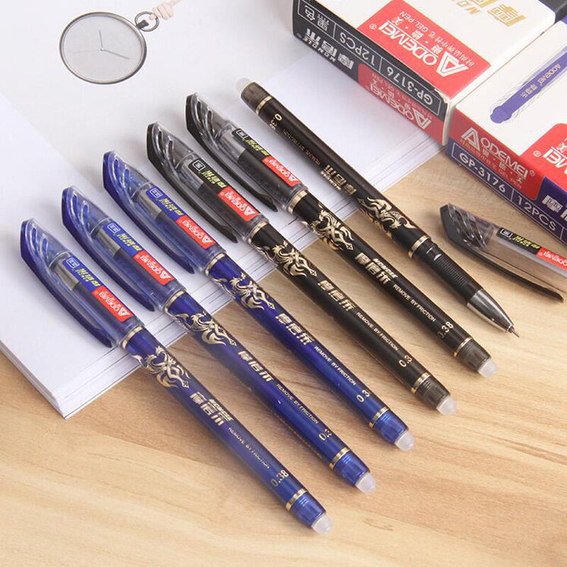 Conjunto de canetas apagáveis 0.38/0.5mm azul preto apagável tinta refil haste escrita gel canetas mágicas laváveis alça escola escritório papelaria