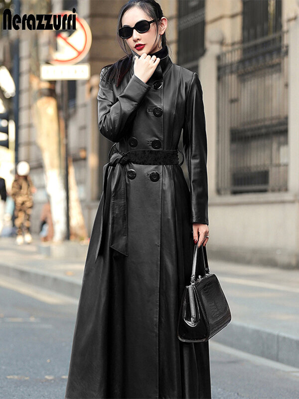 abrigo de manga larg Nerazzurri-gabardina larga de cuero para mujer 