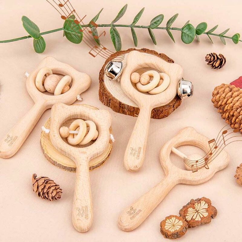 1PC Montessori Baby Toys Wooden Rattle Beech Animal Hand Teething Wooden Ring Makes A Sound Educational Toy Attract Attention
