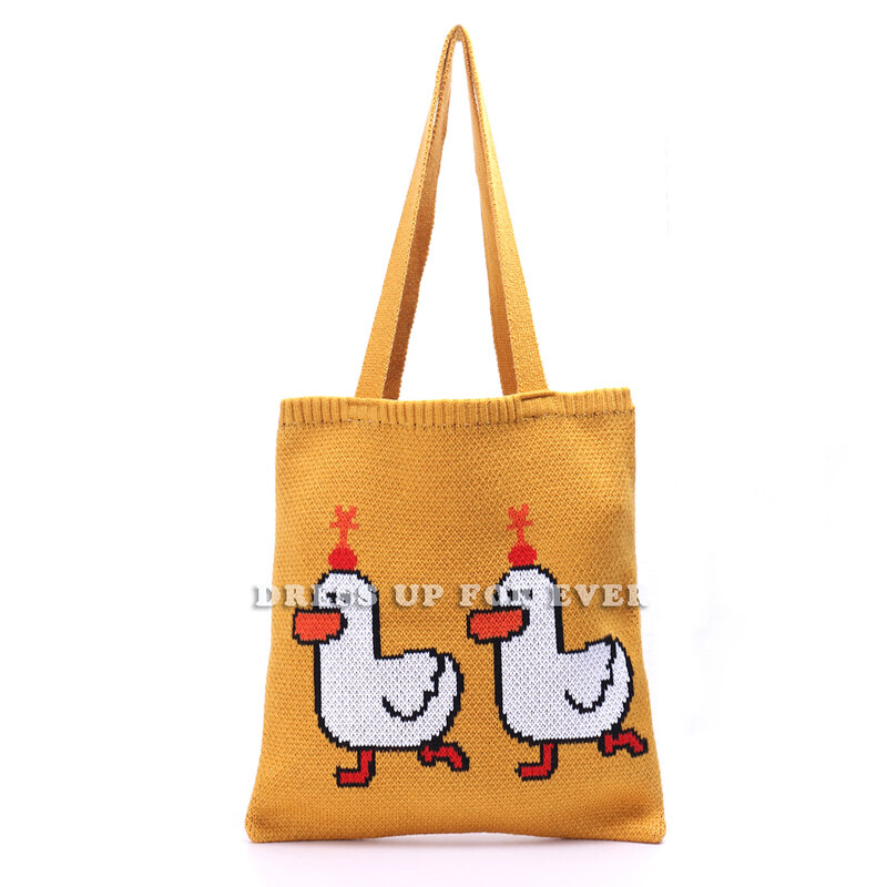 Cartoon Crochet Woolen Shoulder Bag Simple Canvas Handbag Tote Large Capacity Embroidery Shopping Bag Cute Book Bags For Girls