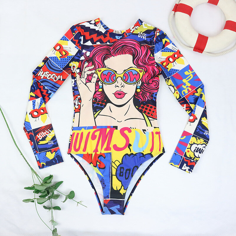 Ruashgard Swimsuit 2022 New Sexy Backless Long Sleeves One Piece Personalized Abstract Printing Female Bathing Suit Beachwear