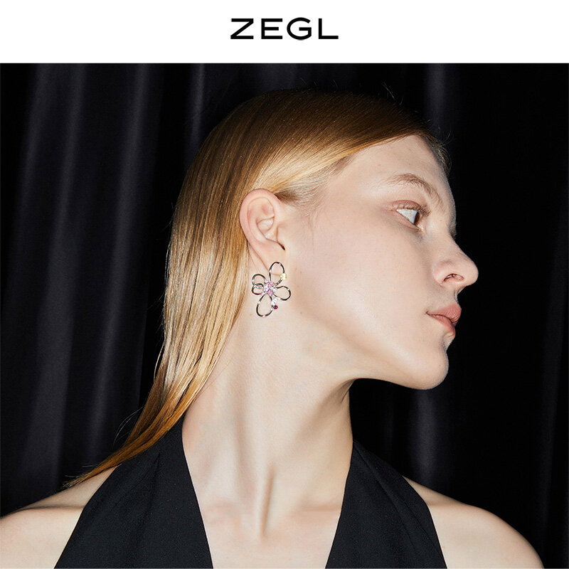 Zegl Designer Colored Gems Series Abstract Line Flower Earrings for Women Special-Interest Design Stud Earrings 925 Silver Pin