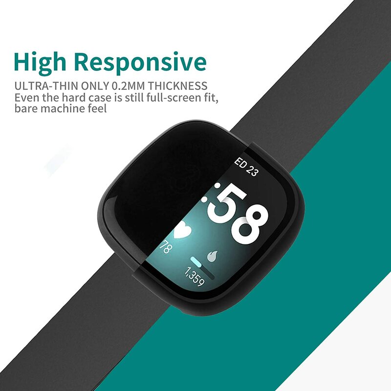 Ultra-Thin Glass Screen Protector Compatible With Fitbit Versa 3/Sense Soft Protective Case All-Around Full Cover Bumper Shell