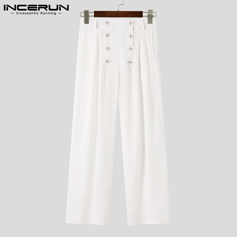Stylowe męskie spodnie z wysokim stanem dwurzędowe INCERUN solidne, dobrze dopasowane Streetwear prosta szeroka nogawka spodnie S-5XL 2021
