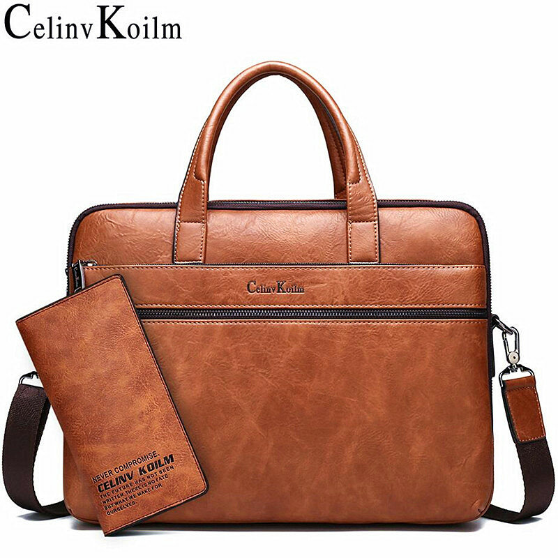 CELINV-koilmメンズブリーフケース,14インチラップトップバッグ,ビジネスバッグ,2個セット,革製オフィスショルダーバッグ