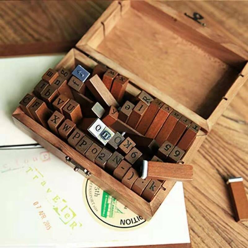 70PCS DIY Number Alphabet Letter Stamps Set With Wooden Box School Supplies Vintage Wooden Rubber Stamps For Scrapbooking