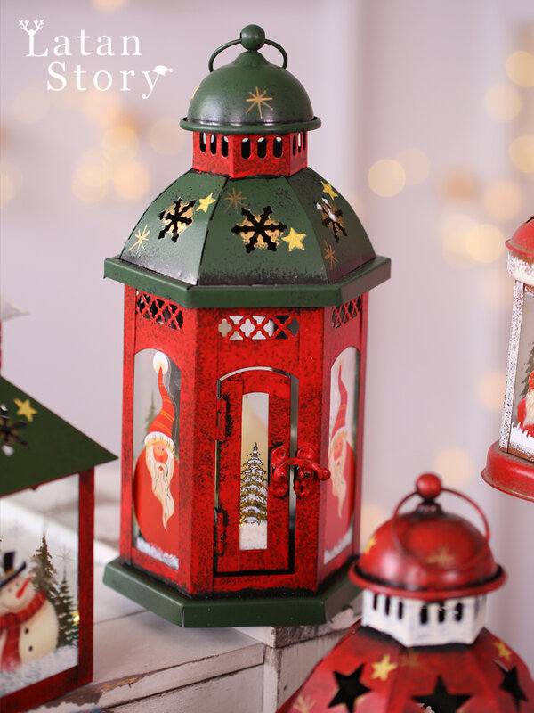 Decorações de natal nordic retro ferro vela à prova vento lâmpada casa criativa decoração retro castiçal pingente