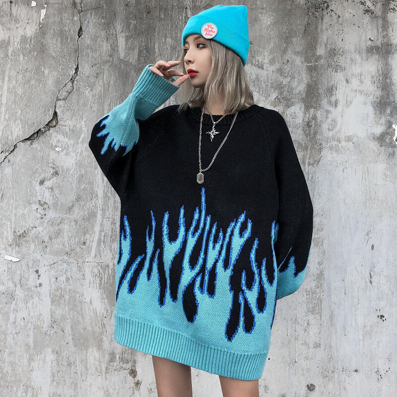 Женский жаккардовый свитер в стиле хип-хоп, пуловер с круглым вырезом и принтом пламени, хипстерский свитер