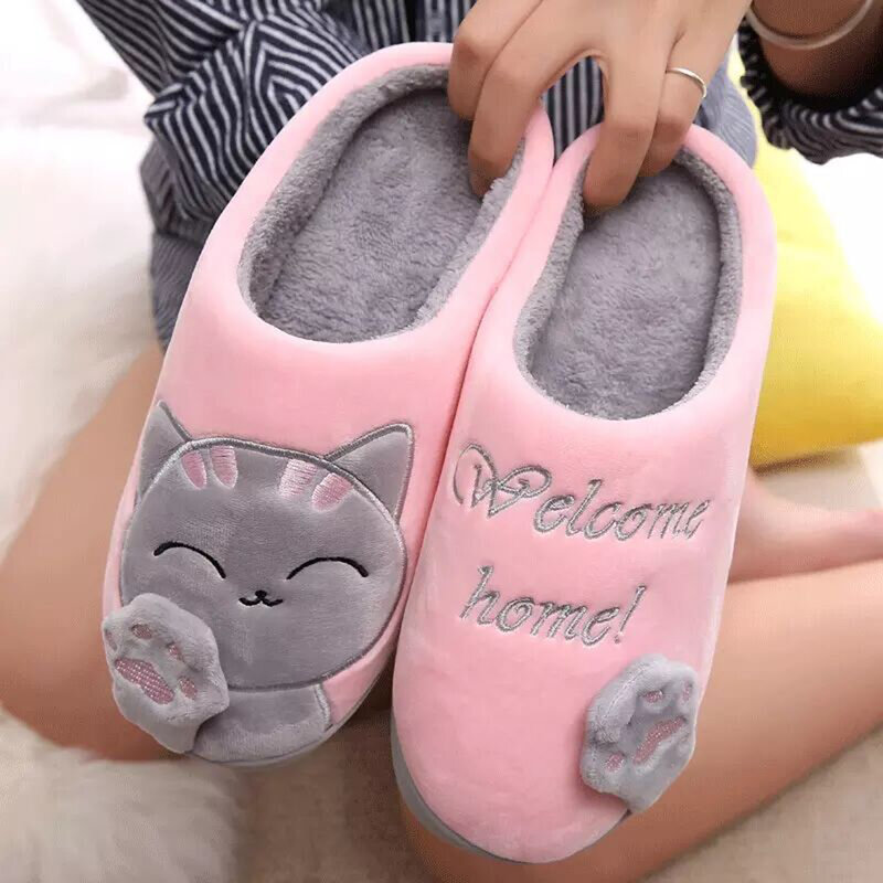 Wanita Musim Dingin Rumah Sandal Unisex Kartun Kucing Sepatu Non-Slip Lembut Hangat Musim Dingin Rumah Sandal Dalam Ruangan Kamar Tidur Pasangan Lantai sepatu