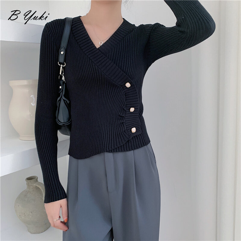 Blesyuki-suéter de punto con cuello en V para mujer, jerseys irregulares con botones, informal, Vintage, Delgado, a la moda