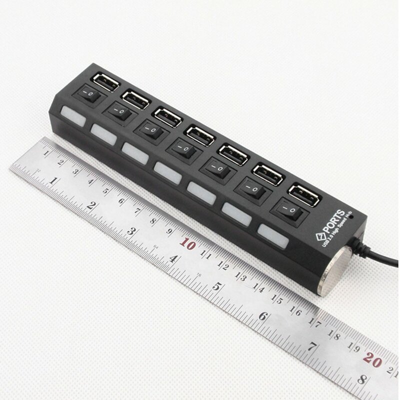 Adaptador USB 2,0 de 7 puertos, Hub multiinterfaz de alta velocidad, interruptor independiente de encendido/apagado, luz indicadora, divisor de siete bits