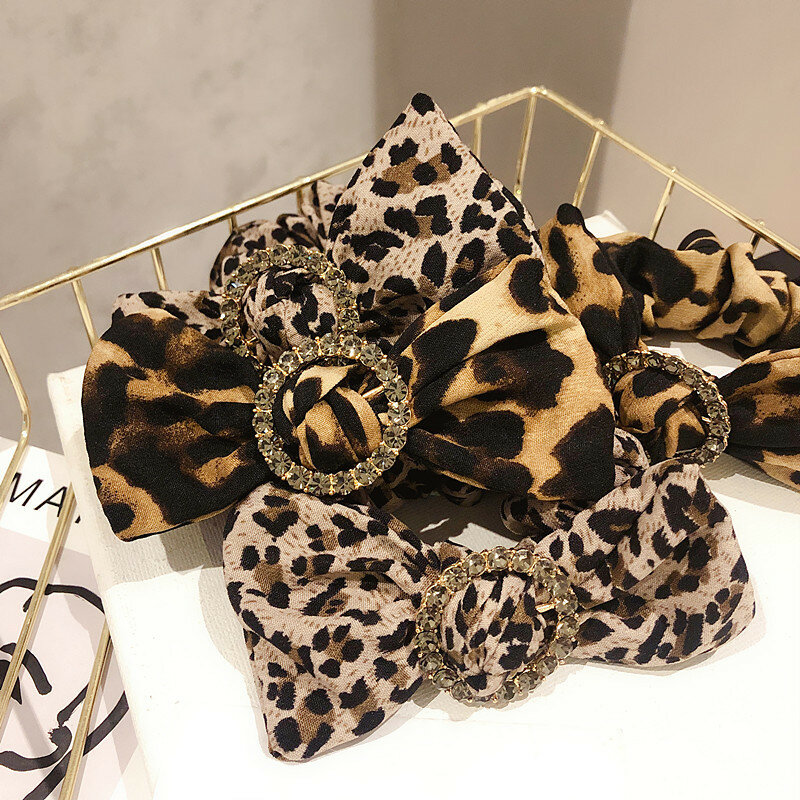 Shiny Vintage Leopard Silk Hair Ties Ropes Hairband Retro Crystal Fluff Wide Headband Bohemian Knitted Hair Styling Accessories