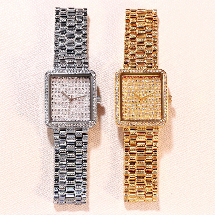 Relógio de pulso luxuoso feminino, totalmente com diamantes, pulseira de cristal, para moças, de quartzo