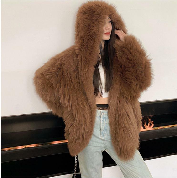 Sexy imitação de pele de raposa mulheres inverno com capuz de lã toscana falso casacos de pele feminina imitação macia alta qualidade jaqueta outono k1552