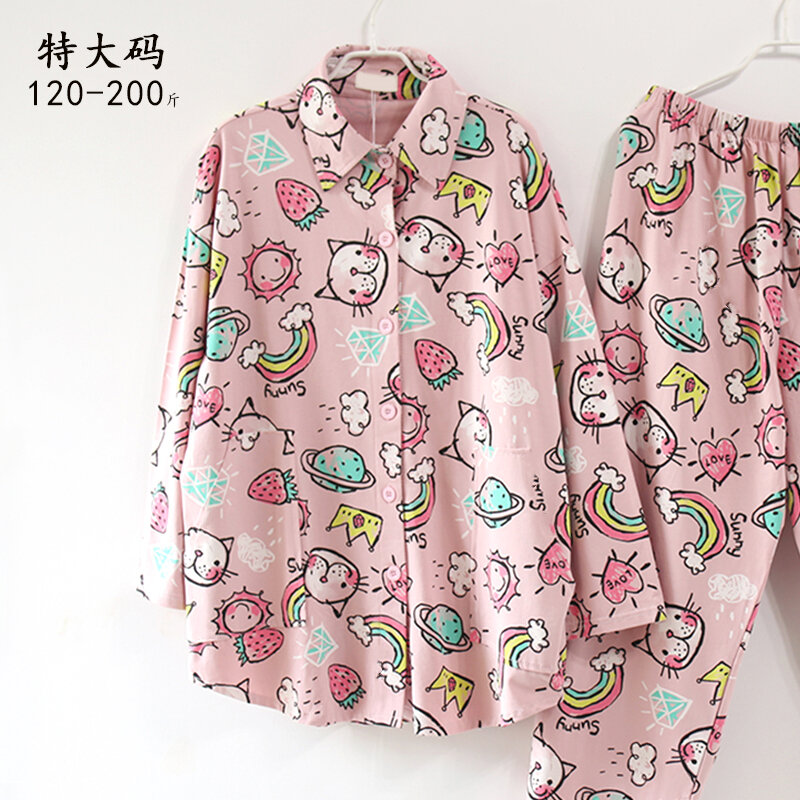 2021 novo estilo coreano dos desenhos animados pintados à mão padrão grande tamanho primavera e outono puro algodão pijamas feminino gordura m homewear terno