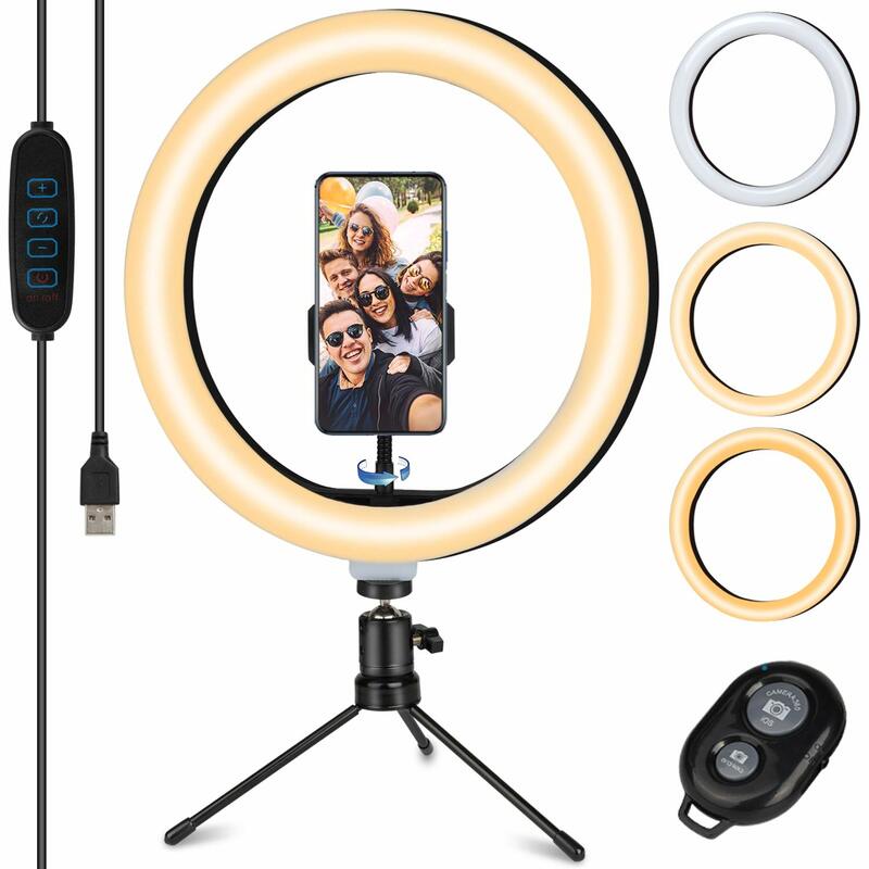 Lampu Cincin Swafoto LED 10 Inci, Braket Segitiga, 3 Mode Lampu, 10 Kecerahan, untuk Riasan, Tiktok, YouTube, dan Video Swafoto