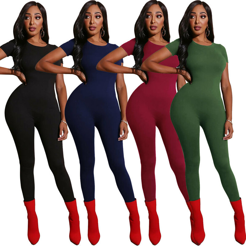 Combinaisons pour femmes, Sexy, noir, manches courtes, combinaison pour femmes, barboteuse verte, combinaison pantalon Long, couleurs unies, 2020