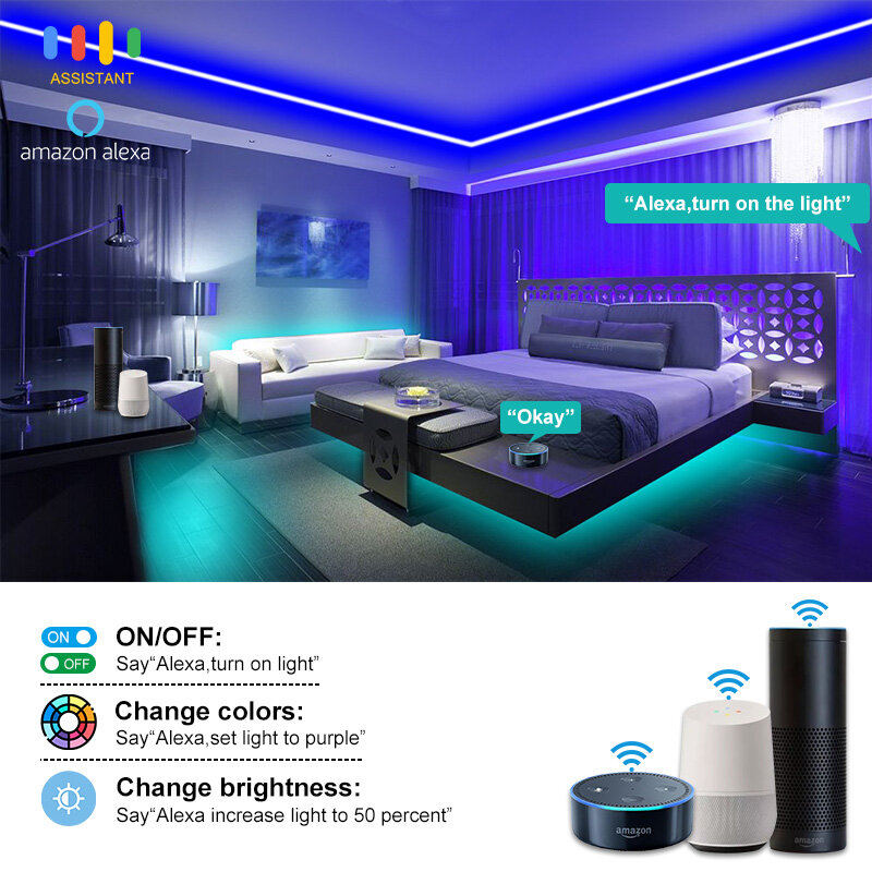 Wi-Fi付きBluetooth防水LEDストリップライト,5050 RGB,アダプター付きリモコン,2835
