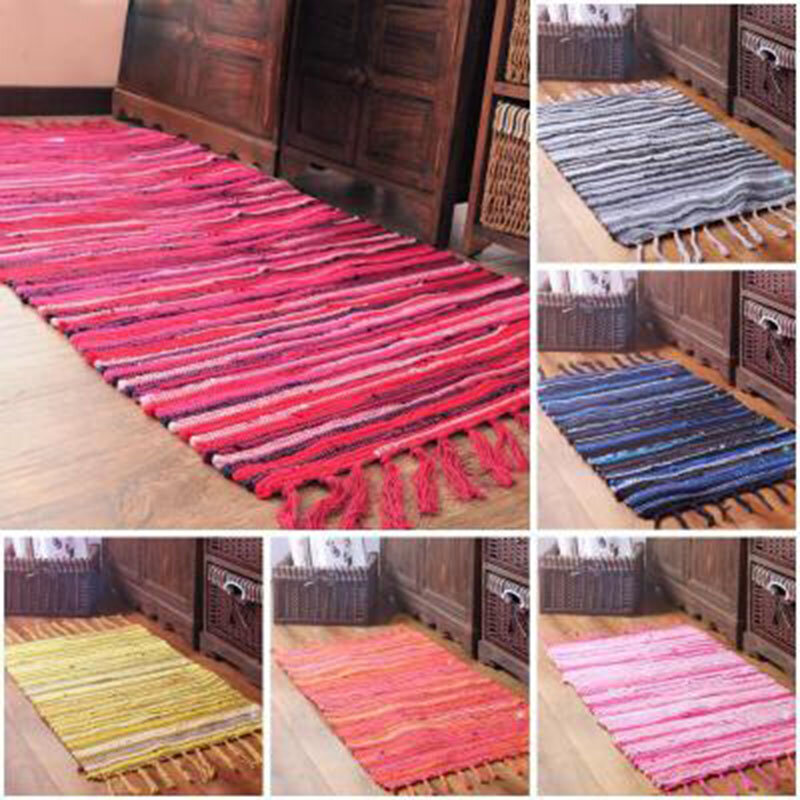 Katun dan Linen Modern Minimalis Ruang Tamu Kamar Tidur Karpet Dapur Strip Tangan Tenun Cocok Lantai Mat Penyerap Kaki Pad