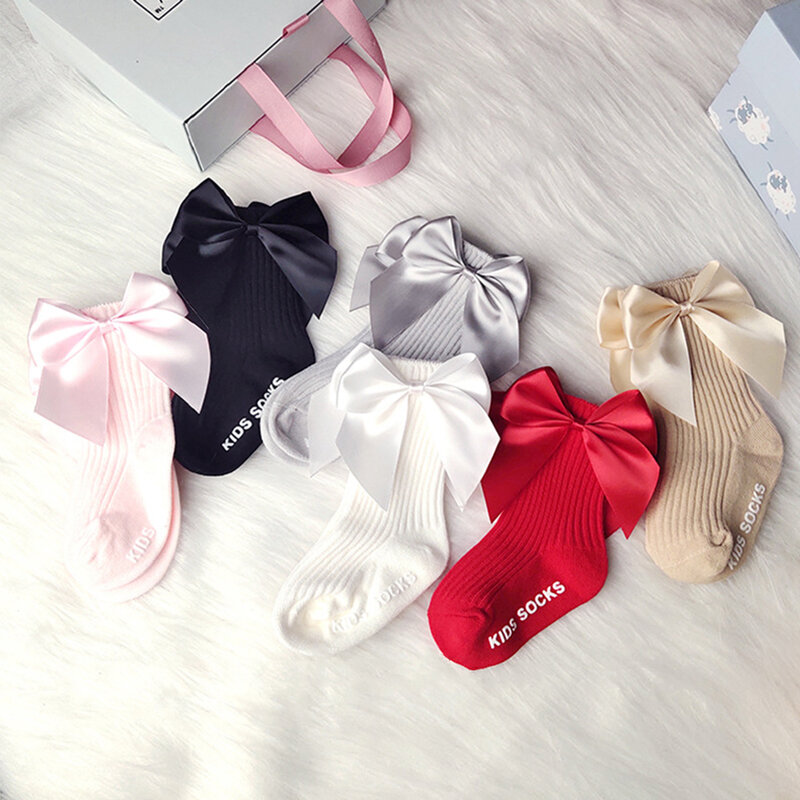 INS Baby Girls Socks With Large Satin Bow Cotton Anti-slip Hollow Dress Soft Socks Kids Accessories For 0-3years 2021 New Spring