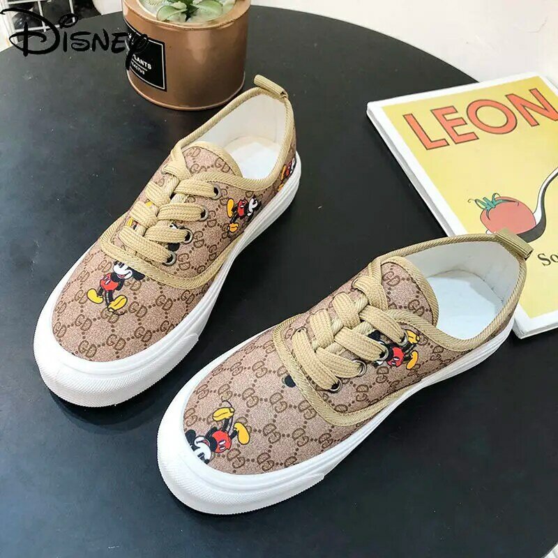 Disney Fashion Wanita Kartun Lucu Mickey Sepatu Kanvas Berenda Sederhana dan Nyaman Bersirkulasi Sepatu Flat Antiselip