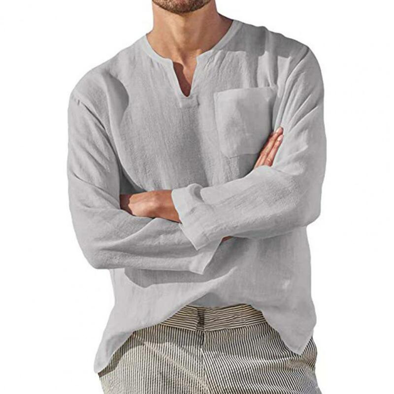 Camisa masculina casual chique camisas de manga comprida moda cor sólida com decote em v bolso solto macio camiseta para uso diário
