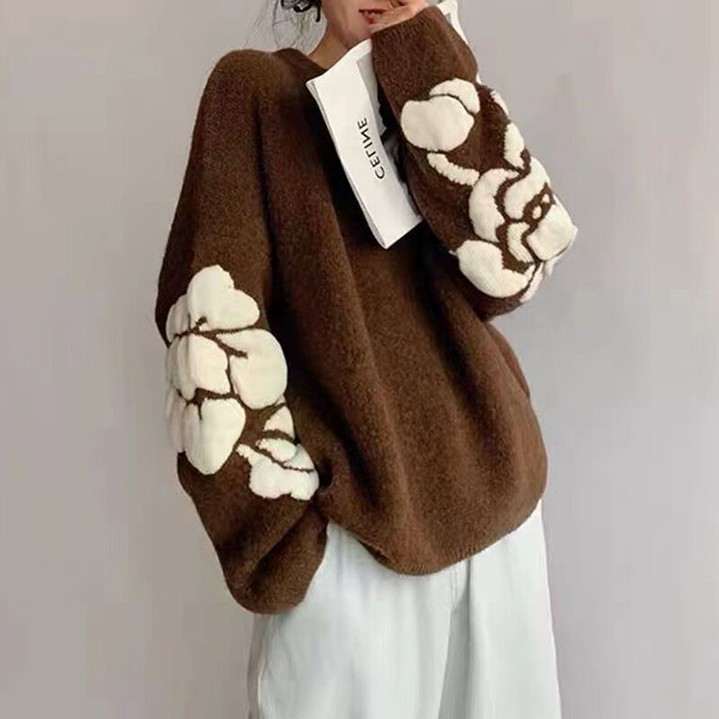 Sweter Chic Leher Bulat Retro Longgar Bunga Bordir Embos Baru Musim Gugur Pullover Wanita Pakaian Luar Pakaian Jalanan Kasual