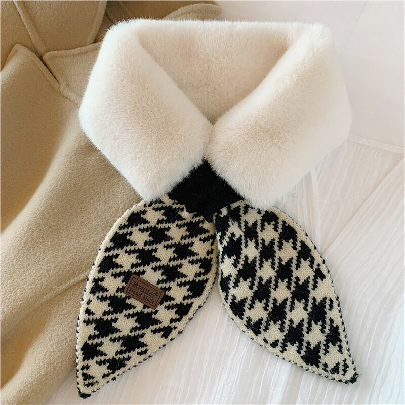 2021 New Winter Thick Warm Faux Rabbit Fur Neck Collar Scarf Neckerchief Women Houndstooth Designer Knitted Scarfs for Ladies
