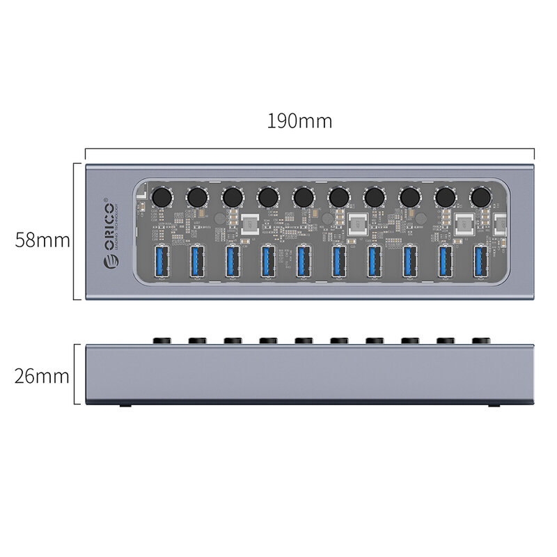 منفذ USB 3.0 مدعوم من ORICO AT2U3 مع شاحن سريع QC 7/10 منفذ مفاتيح مستقلة مهايئ موزع فاصل USB لـ Macbook