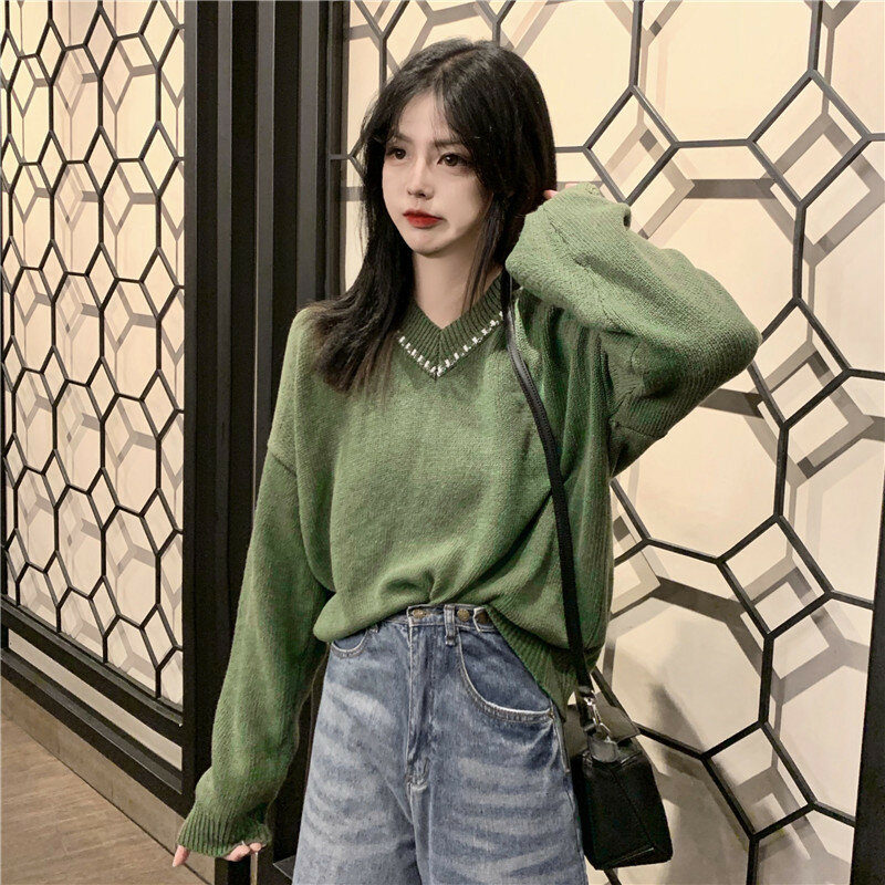 Women Autumn V Neck Long Sleeve Sweater Tops Loose Knit Pullover Tops Casual Women Winter Patchwork Pullover Sweater New