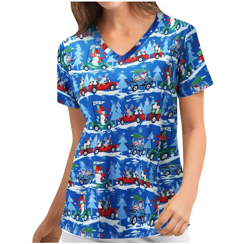 Camiseta de manga curta de enfermagem feminina papai noel impressão com decote em v topos de trabalho uniforme de natal boneco de neve harajuku l * 5