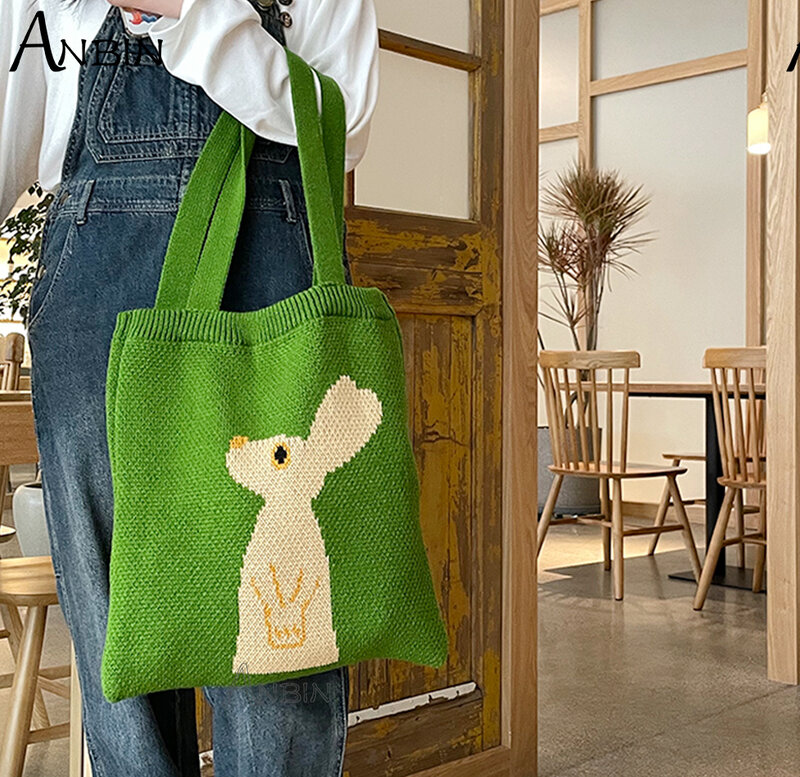 Women Knitted Shoulder Bag Female Cute Cartoon Rabbit Tote Winter Fashion Large Capacity Soft Shopping Bags Girls School Handbag