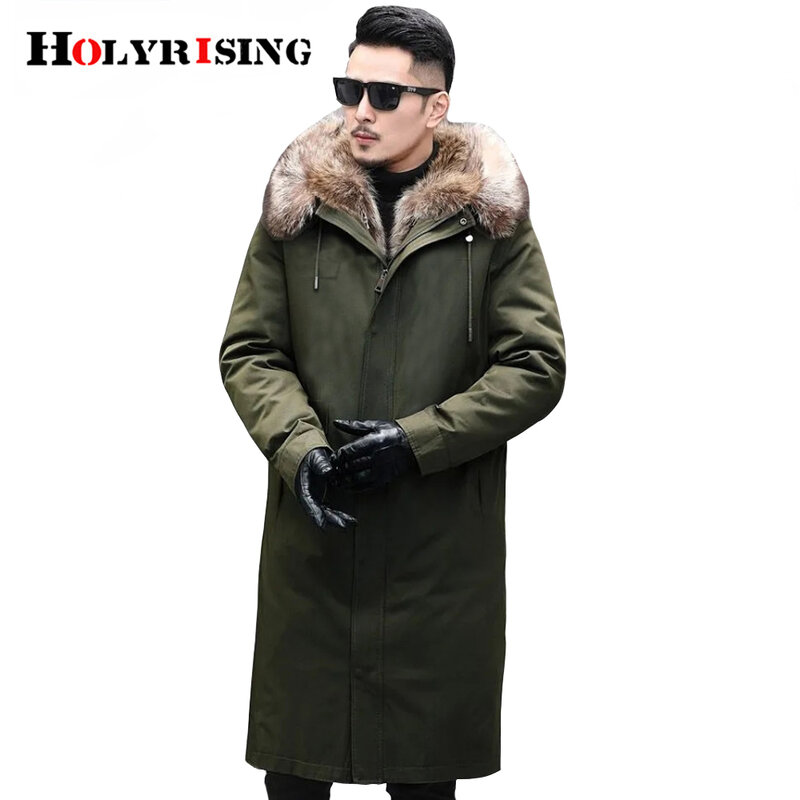 Holyrising casaco longo de inverno masculino, casaco com gola de pele grande e grossa, jaqueta masculina de pele de guaxinim, casaco quente para homens, cabe na rússia
