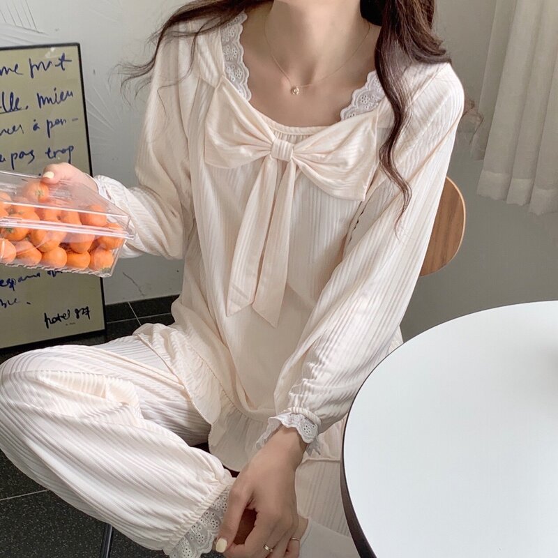 Pajamas women's autumn 2021 new style can wear loose bow princess style long sleeve casual home clothes two-piece set