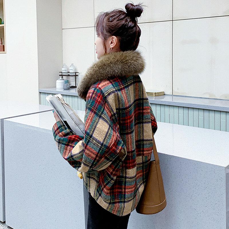 Juventude feminina de lã curta mistura jaqueta outono inverno 2021 moda xadrez topos casaco mais veludo real gola pele raposa outerwear feminino
