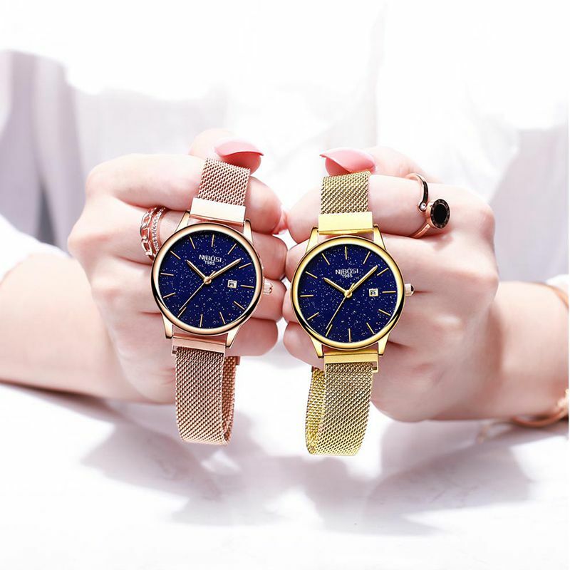 NIBOSI-로즈 블루 새로운 커플 시계 럭셔리 쿼츠 남성 시계 여성 간단한 손목 시계 시계 별이 빛나는 하늘 방수 연인 선물 시계