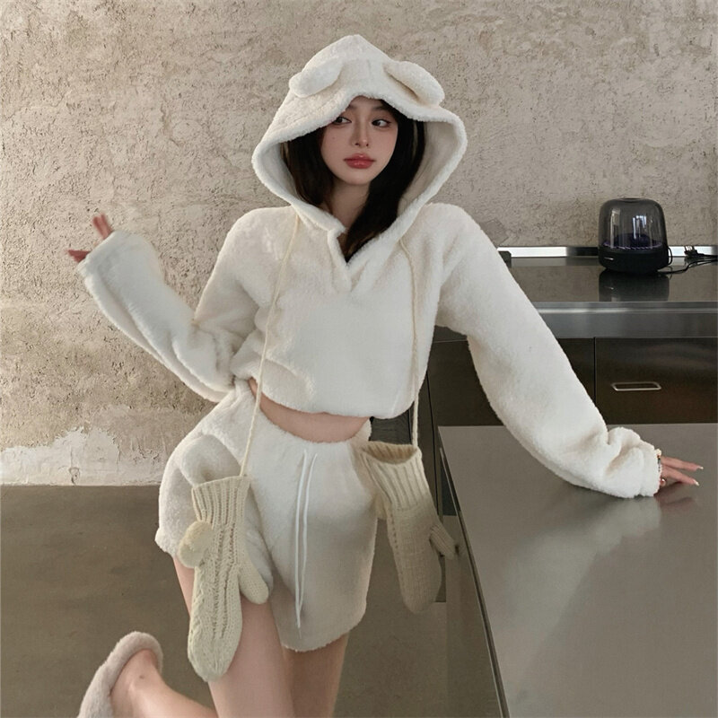Mantel Hoodie Mewah Lucu Musim Gugur Musim Dingin Wanita & Celana Pendek Pinggang Tinggi Mode Pengaturan Kasual Putih Hangat 2 Potong Set Pakaian Longgar Wanita