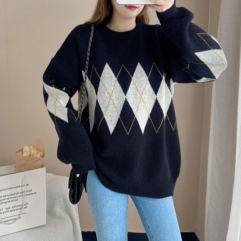 2021 Autumn Pregnant Women Sweater Korean Style Maternity Clothes Loose Mid-length Geometric Patterns Pullovers Female Clothing