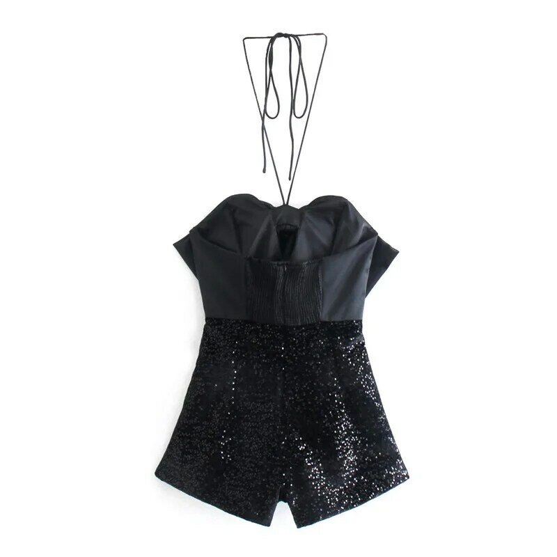 MESTTRAF French Design Sexy With Bow Sequinned Backless Playsuits Vintage Off The Shoulder Adjustable Tied Female Jumpsuits