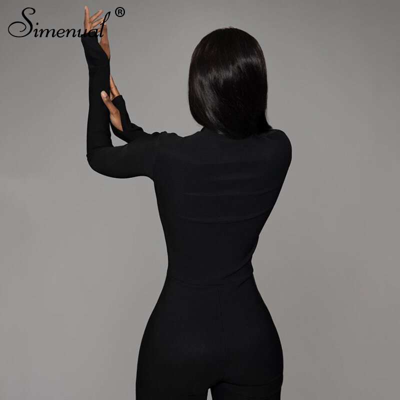 Simenual Casual Fitness Sporty Rompers Womens Jumpsuits Workout Zipper Activewear Long Sleeve Skinny Solid Jumpsuits Bodycon Hot