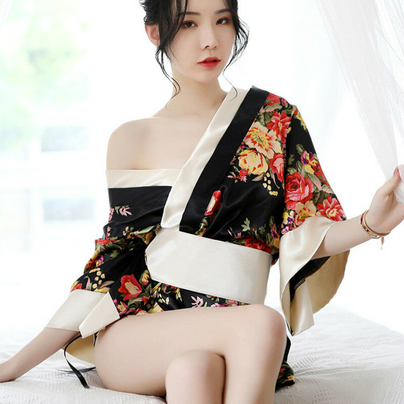 Stain Japanese Kimono Traditional Sexy Cosplay Kimono Sexy Lingerie Cardigan Kimono Sexi Skirt Women Summer Deep V Temptation